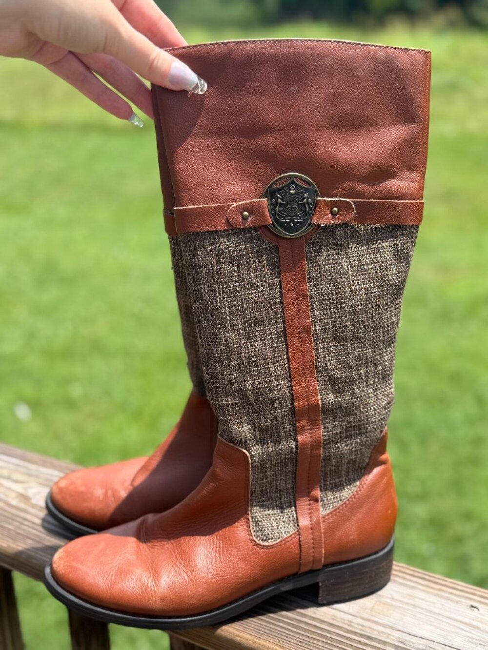 Leather Tweed Riding Boots Brown Equestrian Quiet Luxury Cottagecore 9M 3943